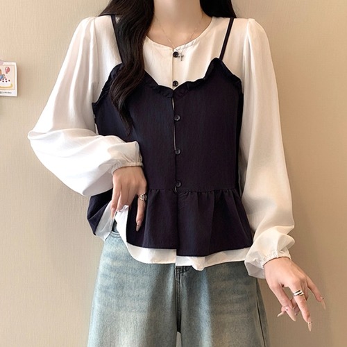 2色／フェイクレイヤードペプラムトップス ・72080