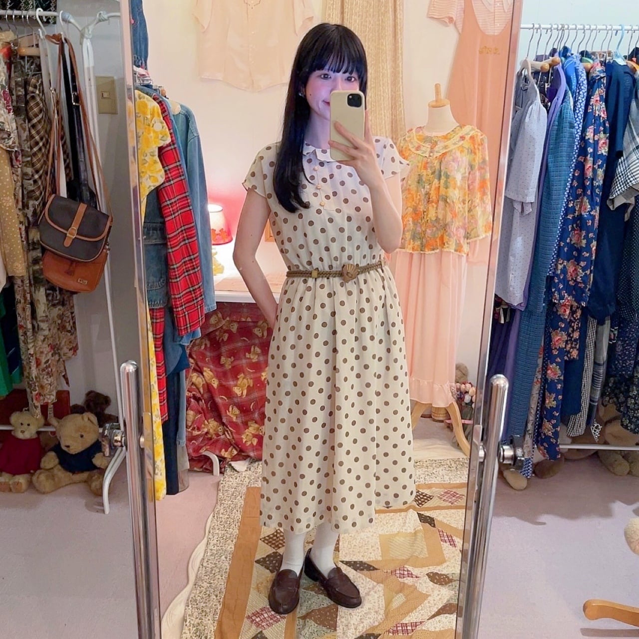 shell belt brown dot one-piece