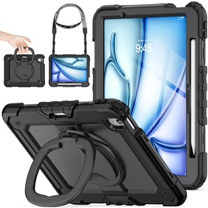 【在庫のみ】SEYMAC stock iPad Air(M3/M2) 11インチ（2025/2024）リングハンドル耐衝撃ケース 保護フィルム付き前面カバー ペン収納 360°回転リングハンドルスタンド ショルダーストラップ iPad Air 11 第7/6世代専用型（ブラック）