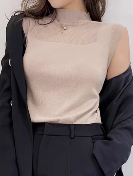 High neck sleeveless see-through summer knit L0706