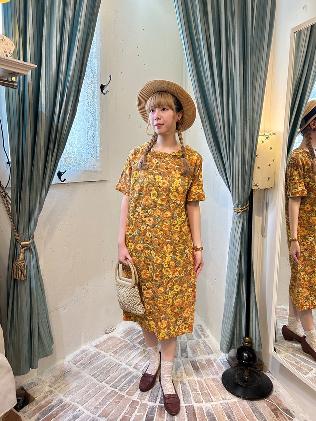60's orange flower print  dress