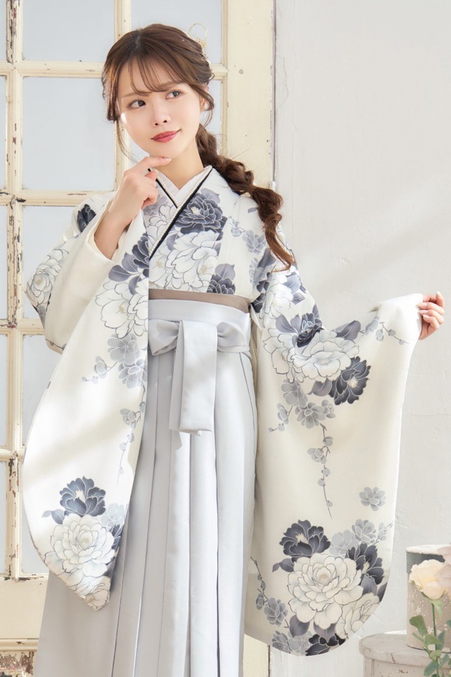 【袴4点set】明治浪漫モノトーン梅椿87LGR/BK/MGR