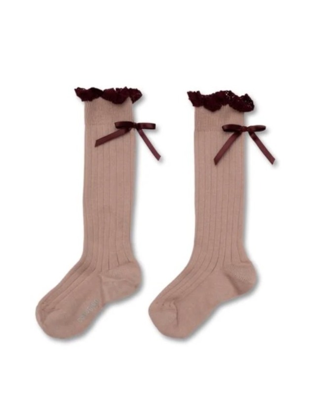 collegien Domitille Ribbed Knee-high Socks with Lace and Bow - Vieux Rose