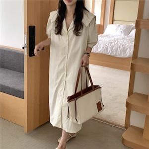 シャツワンピース レディース ロング丈 半袖 パフスリーブ シンプル 大人 ナチュラル 開襟 Iライン 無地 ビッグカラー 5分丈 かわいい ybh2247