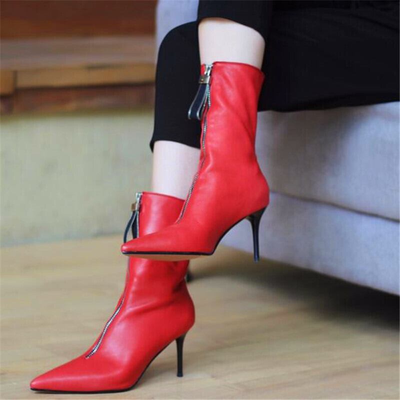 【新作】【送料無料】 先のとがったつま先レディーススティレットハイヒールブーツブラックレッドメタル装飾ハイヒールブーツ冬レディースファッションブーツ 靴 シューズ ウィンター 冬物 10b361237094309