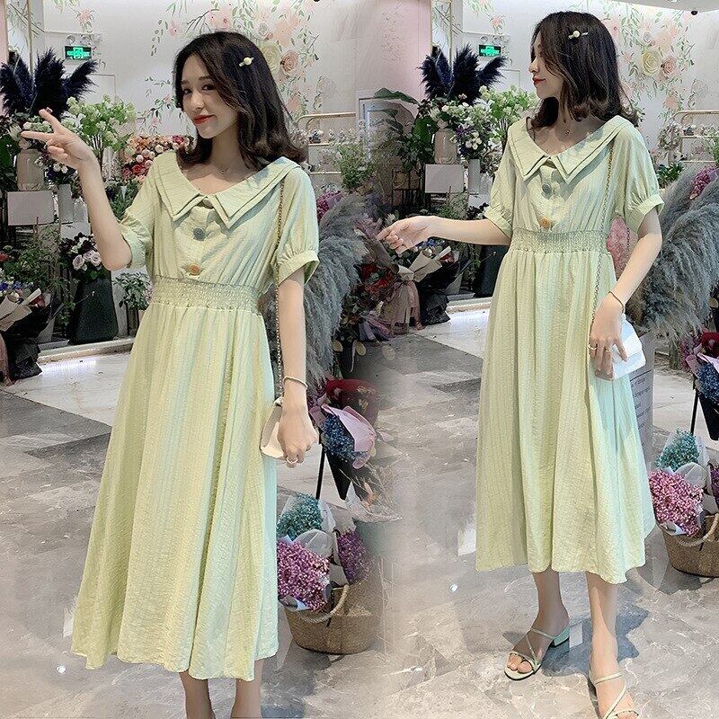 【新作】【送料無料】 妊婦サマーウェアドレス2020スタイルトップスマタニティ服スカートスタイルミドル丈フォールドダウンカラースカート 夏物 AL expec383752390726