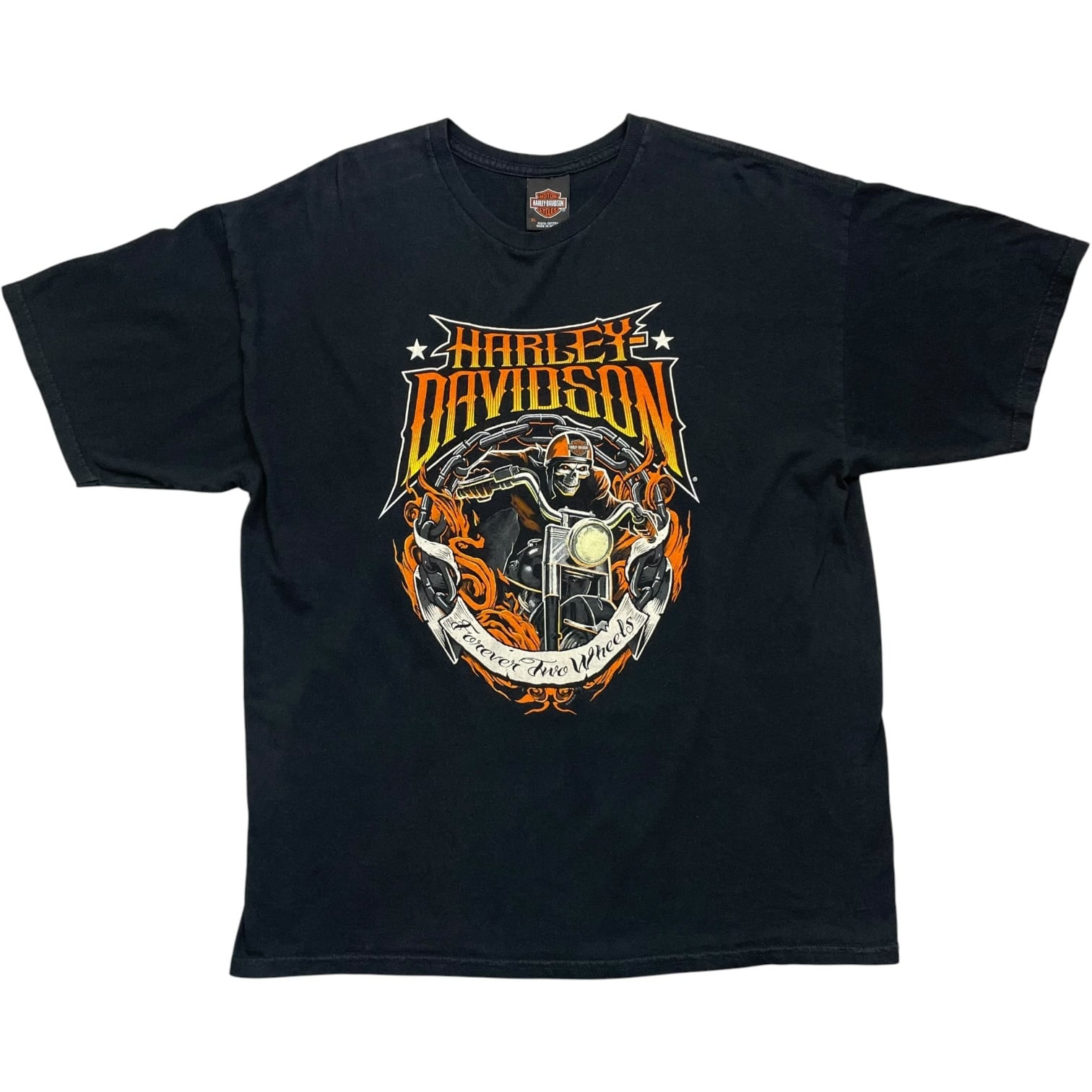 《XL》Harley-Davidson ハーレーダビッドソン Tシャツ フロントドクロバイクプリント バックプリント ブラック no.10104