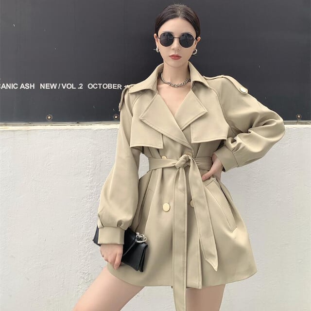 コート レディース アウター トレンチコート ショート丈 ボリューム袖 ボリュームスリーブ ベージュ/ブラック ワンサイズ