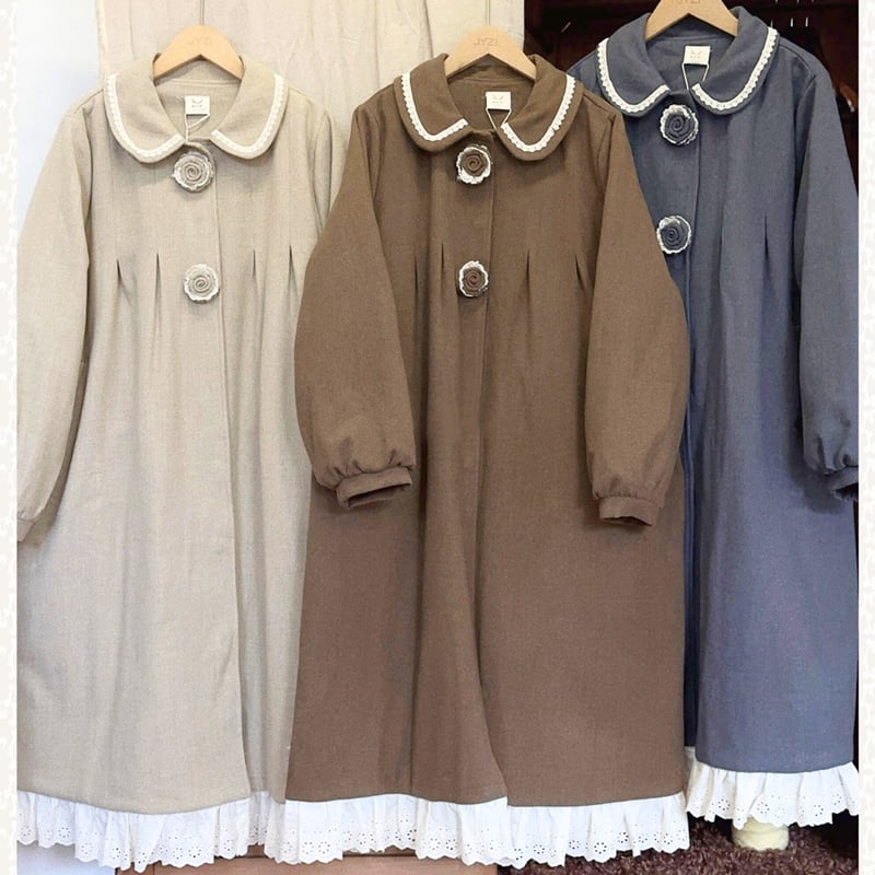 立体花ボタン裾レースデザインコート W1588