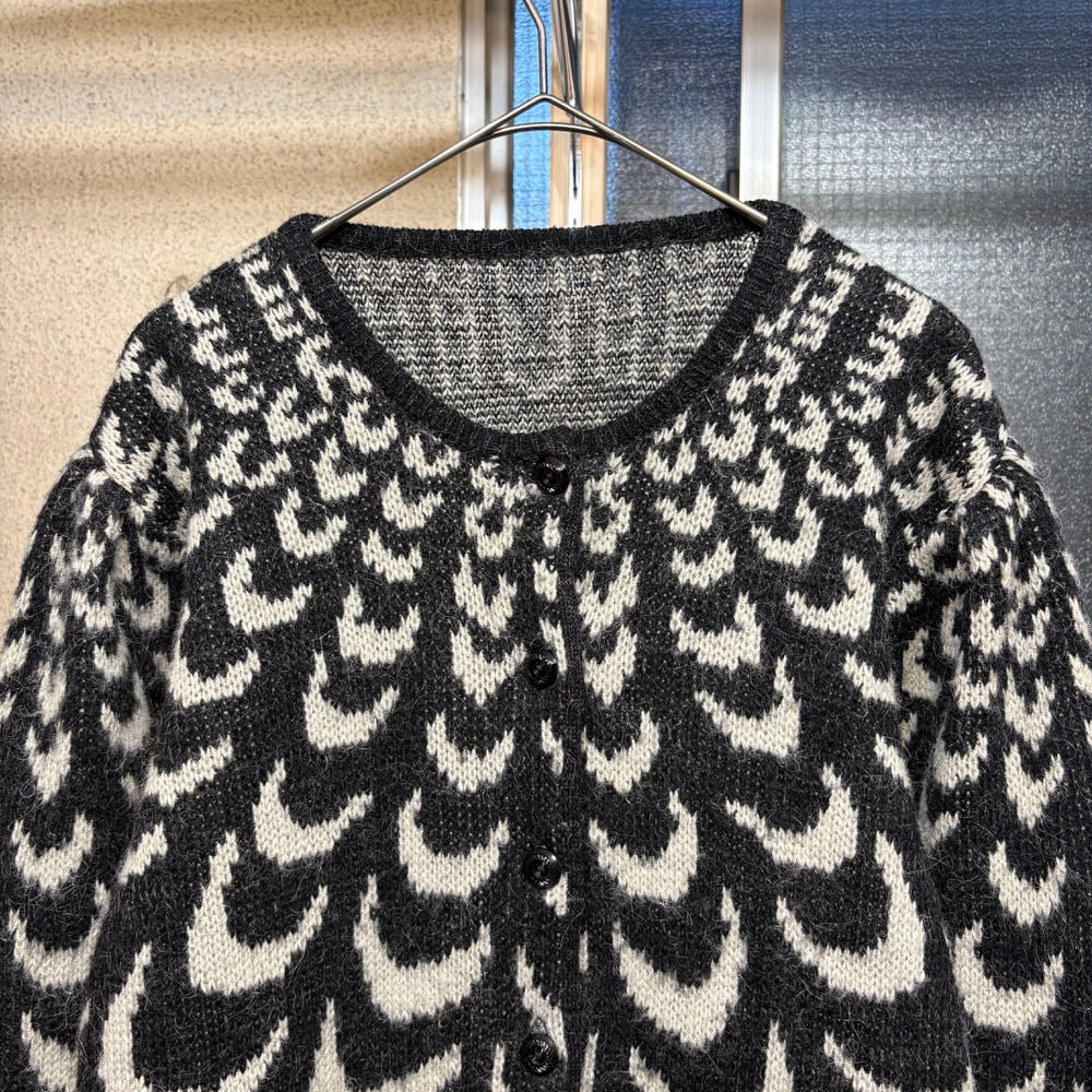 80~90s Art design ジオメトリックアート柄 総柄 シャギーニット カーディガン 羽織り 幾何学模様 ブラック グレー ヴィンテージ ビンテージ レディースL相当