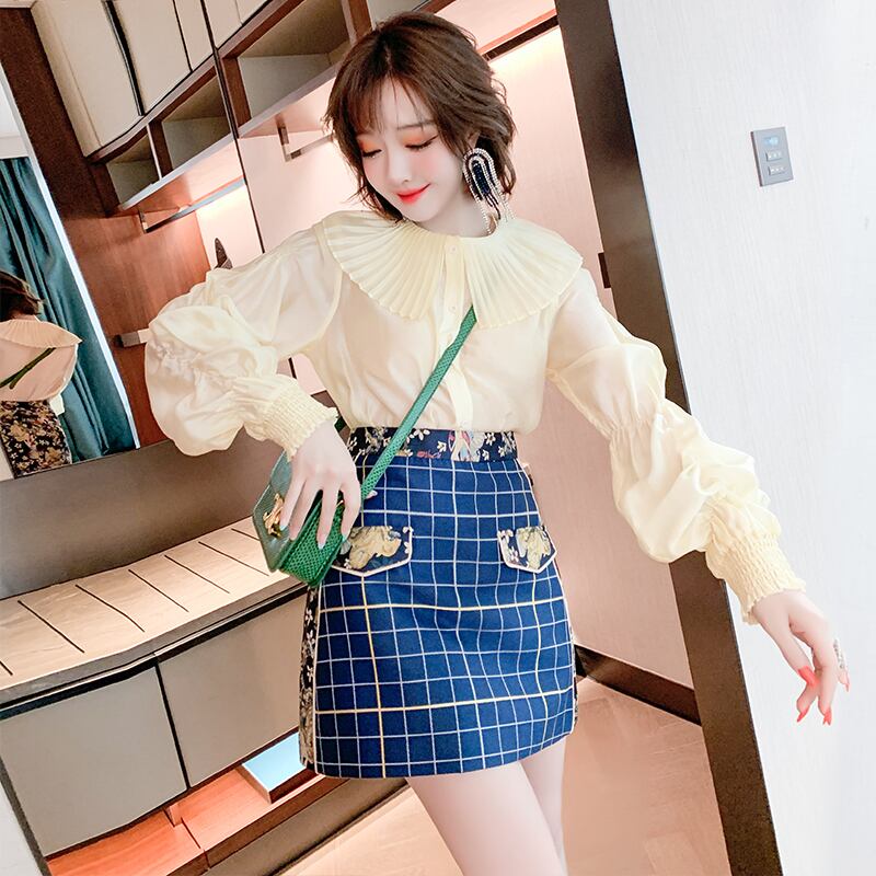 プリーツスリーブシャツ ウェスト格子柄プリント柄スカート セット スプリング ランタンスリーブ 春物 MIUCO87965536757
