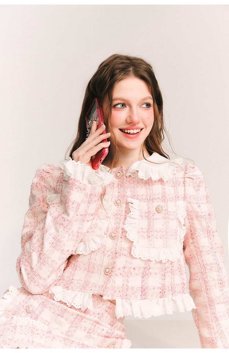 スカート】白 ピンク グレー ツイード スーツ ジャケット アウター