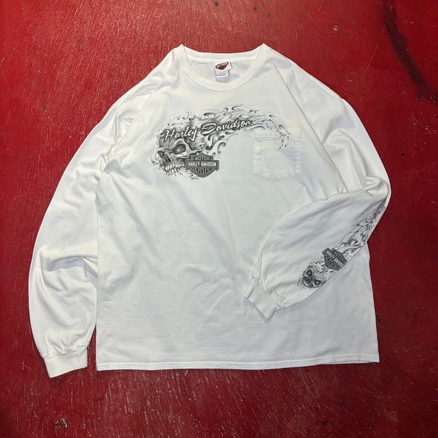10s HARLEY-DAVIDSON ロンTee スカルフレイム　白　ハーレー