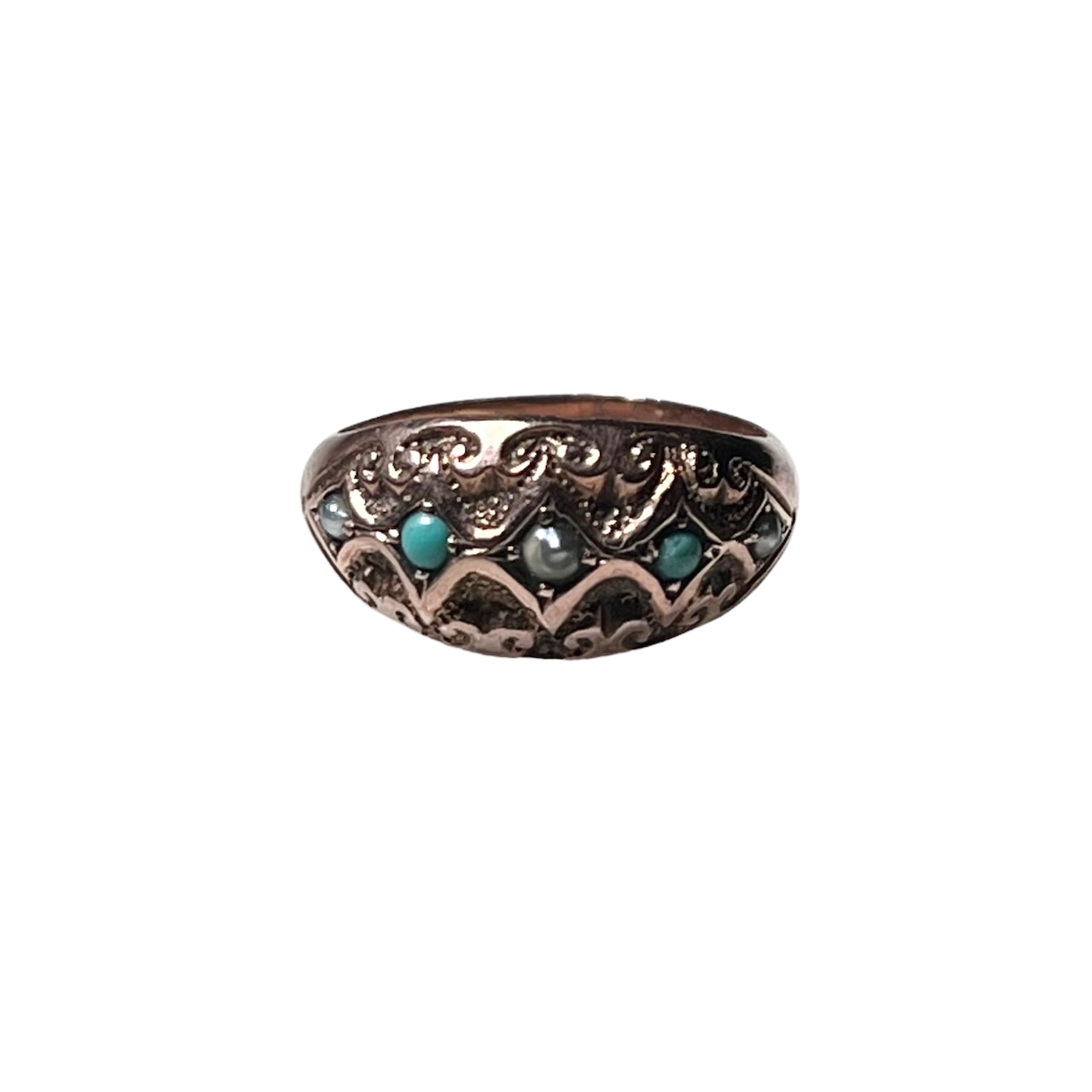 antique c1901 9ct gold gypsy ring set with turquoise & seed pearl