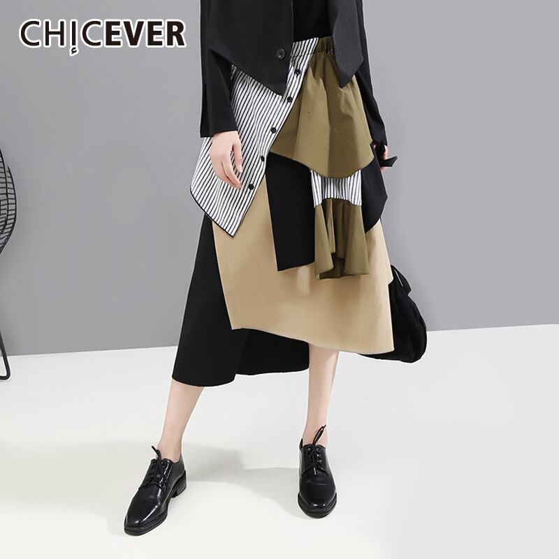 CHICEVERパッチワーク非対称スカート女性ウエスト不規則なヒットカラーミディスカート2020秋の服 オータム 秋物 6base550908146796