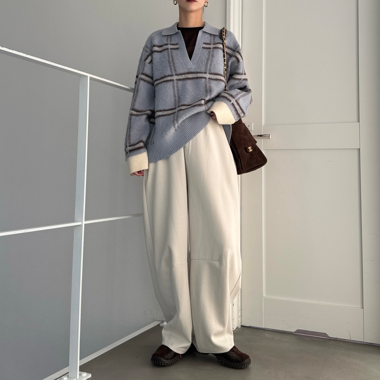 チェック柄スキッパーモヘアタッチknit/ペールブルー