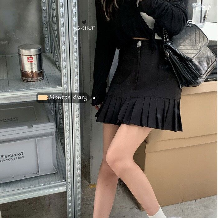 ブラックスカート サマーショート薄手Aラインハイウェストウェストプリーツ 夏物 モンロー18736010698
