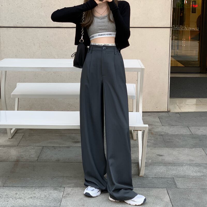 ウエストルーズドレープモップワイドレッグパンツレディース2020年秋新作スリムカジュアルオールマッチパンツストレートパンツ ブラックストロベリース41603393126