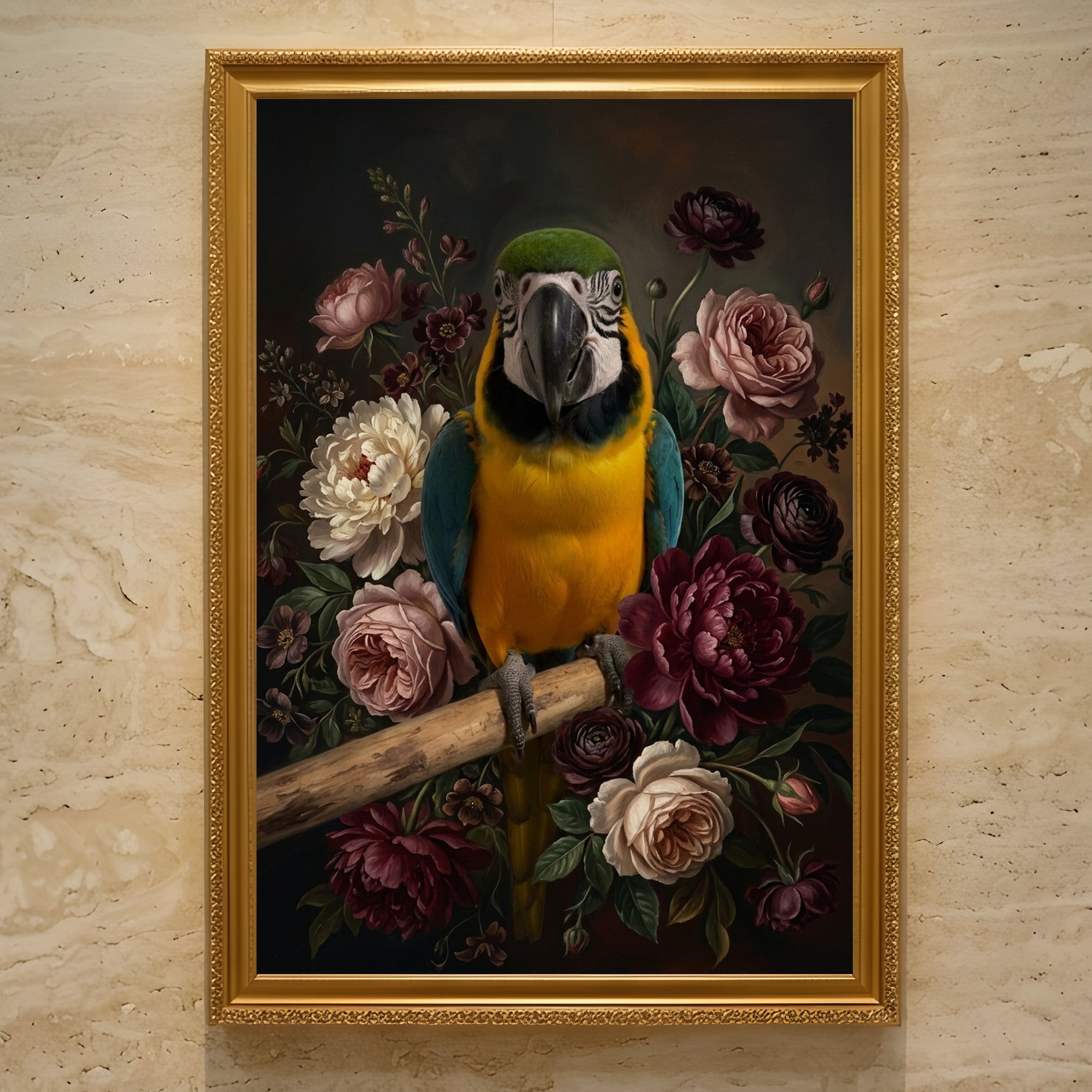 インコ（ルリコンゴウインコ）の花に囲まれた油絵風アート A3額装