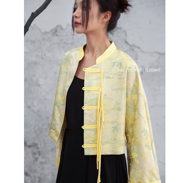 ✿春の訪れを感じさせる、新中式ジャケット【大青龍肆シリーズ】★チャイナ風アウター★ チャイナボタン オリジナル 改良唐装 イエロー ショート丈