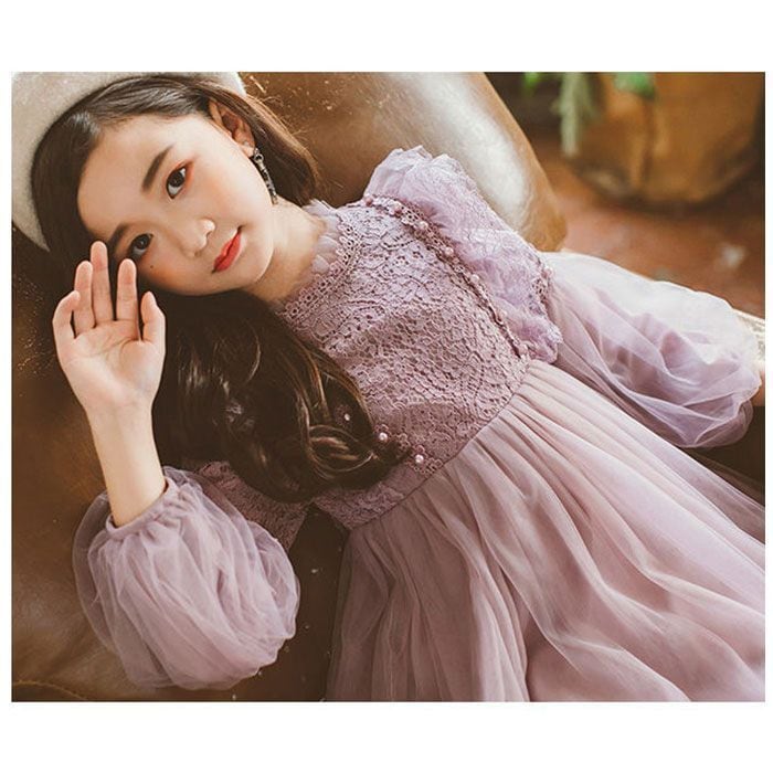 新品 110 レース ワンピース パープル チュール ふんわり おしゃれ c チュールレース+サテンワンピース(110~130cm)(110cm パープル