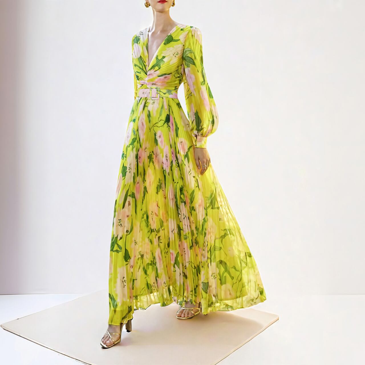 Flower-patterned deep V-neck dress 00041