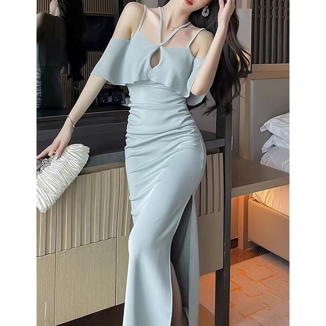 Halter Neck Maxi Dress with Slit(3color)　　V3148