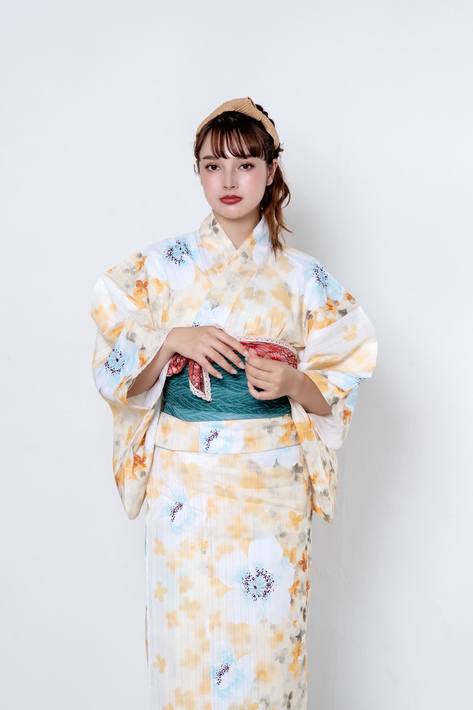 浴衣ジェンヌ 新作 浴衣5点セット オフホワイトに赤 浴衣 ゆかた 半幅帯 浴衣ジェンヌ 新作 浴衣5点セット オフホワイトに赤 浴衣 ゆかた