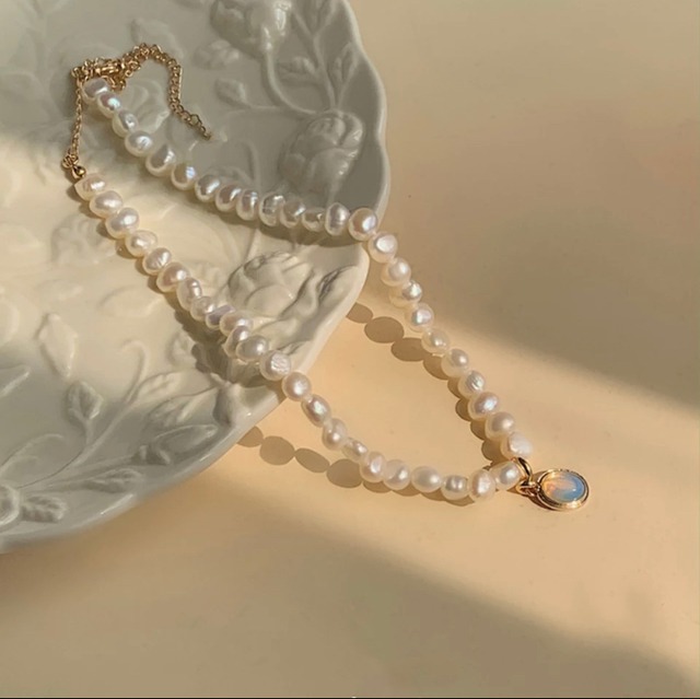 天然真珠のムーンストーン淡水バロックネックレスN-222002