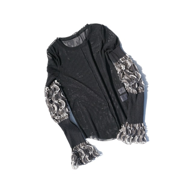 【BANSAN】Original Wave Cut Jacquard Shirring Sleeve Tops (BLACK)