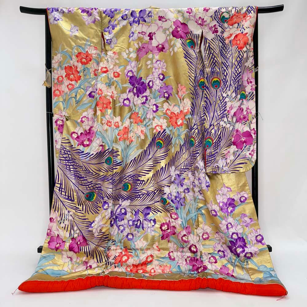 色打掛 正絹 鶴 刺繍 金 紫 打掛 花嫁衣裳 婚礼 リサイクル 中古 ブライダル ウエディング 着物 4916