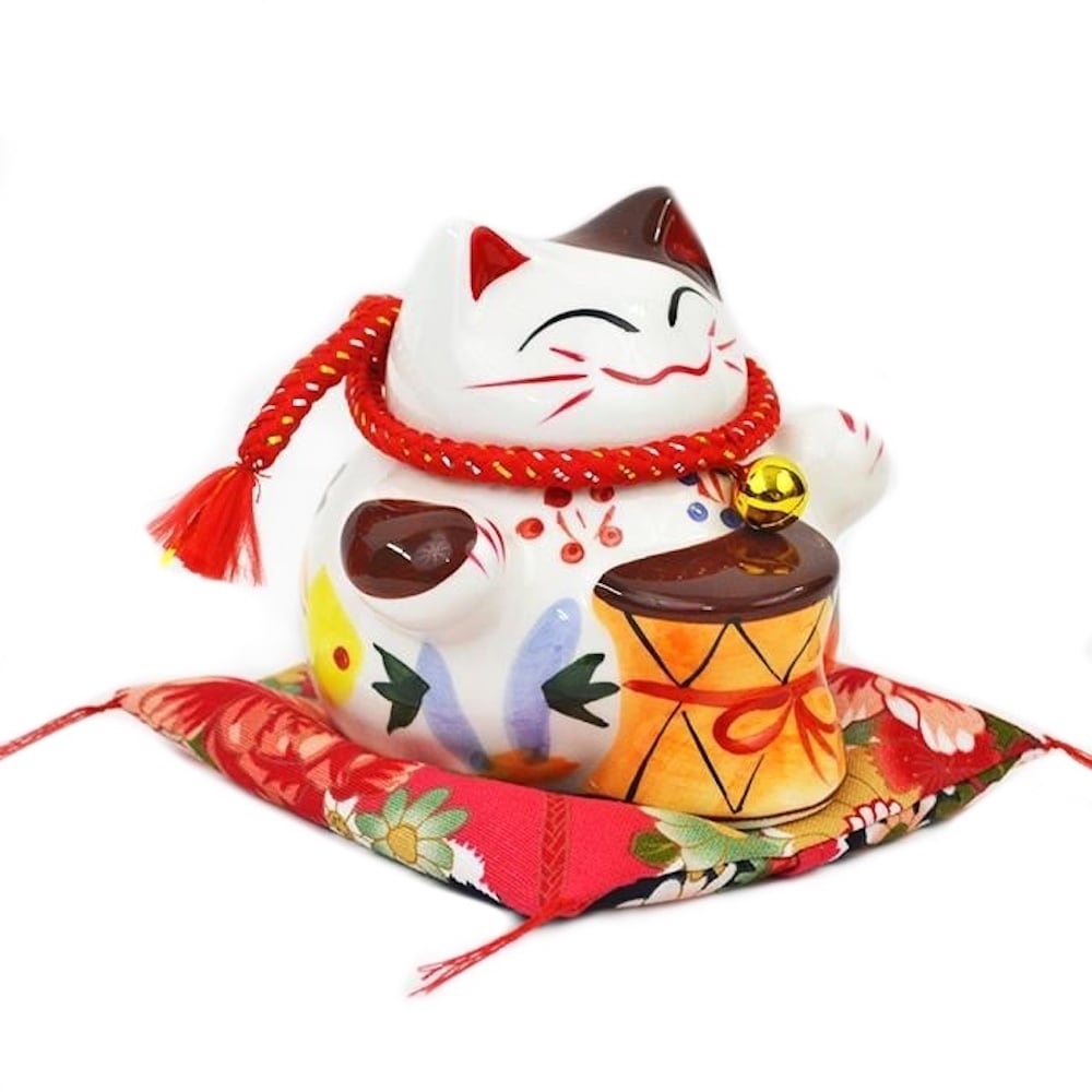 招き猫 鼓(つづみ) Q18141 高さ10cm ホワイト 白 両手 笑い猫 置物 金