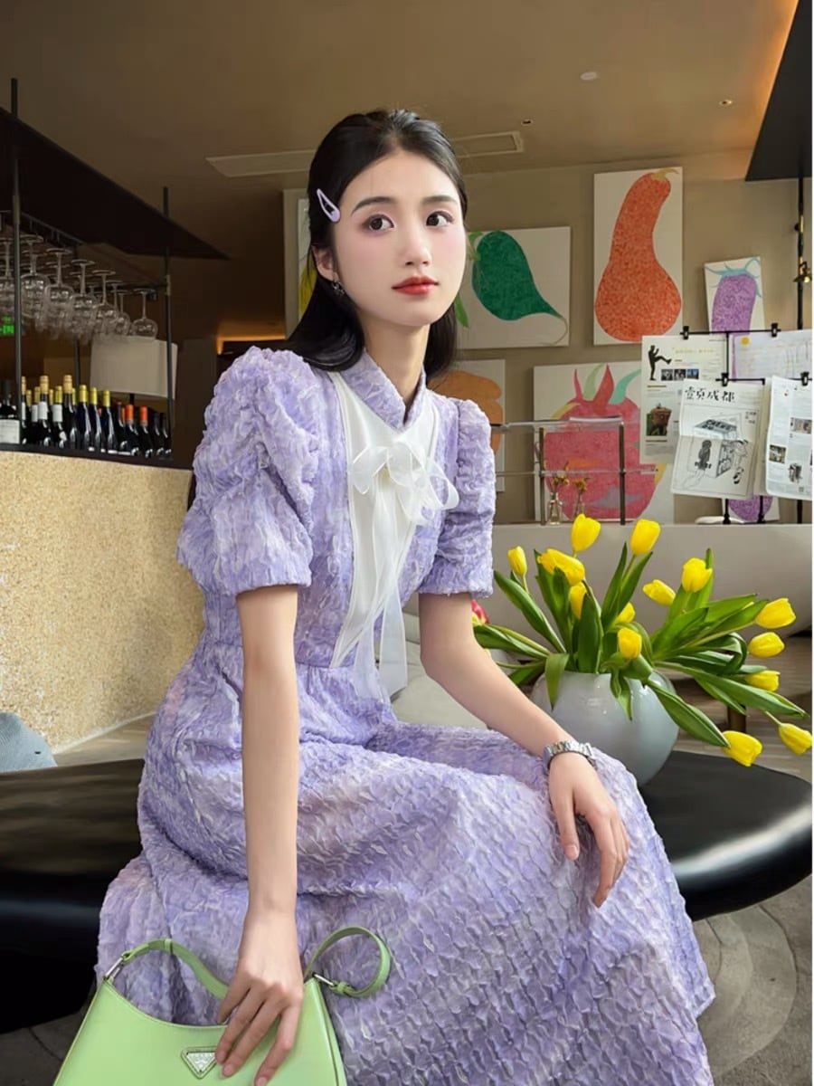 ワンピース 紫 ワンピース お嬢様 エレガント ワンピース 古着 レトロ