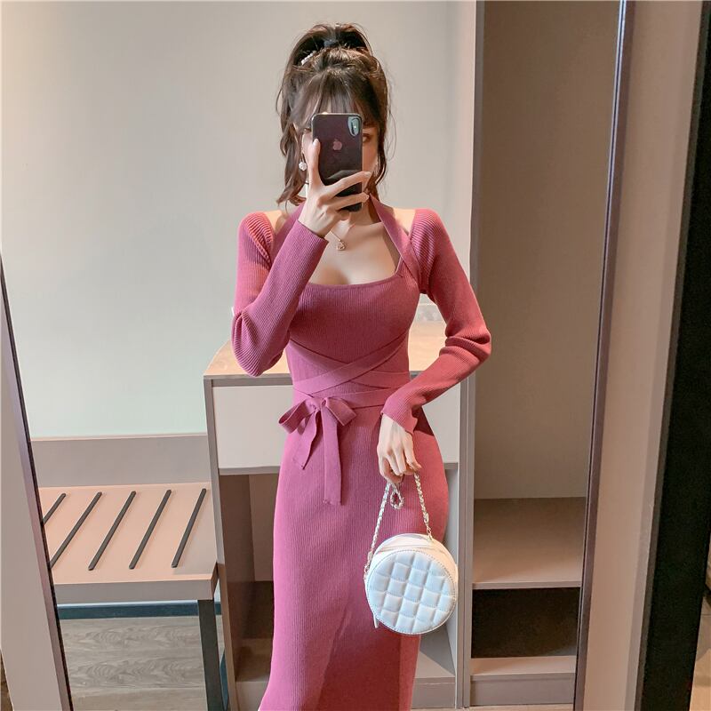 ワンピース ニット 無地 セクシー 紐付き腰を隠れるデザイン パーティー 女性らしい スクエアネック ローズ Dresszone