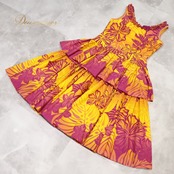 【美品 日本製 フラダンス衣装】イエロー PauSkirtShop パウスカートショップ ワンピース ドレス 黄 オレンジ 紫 花柄 フリル