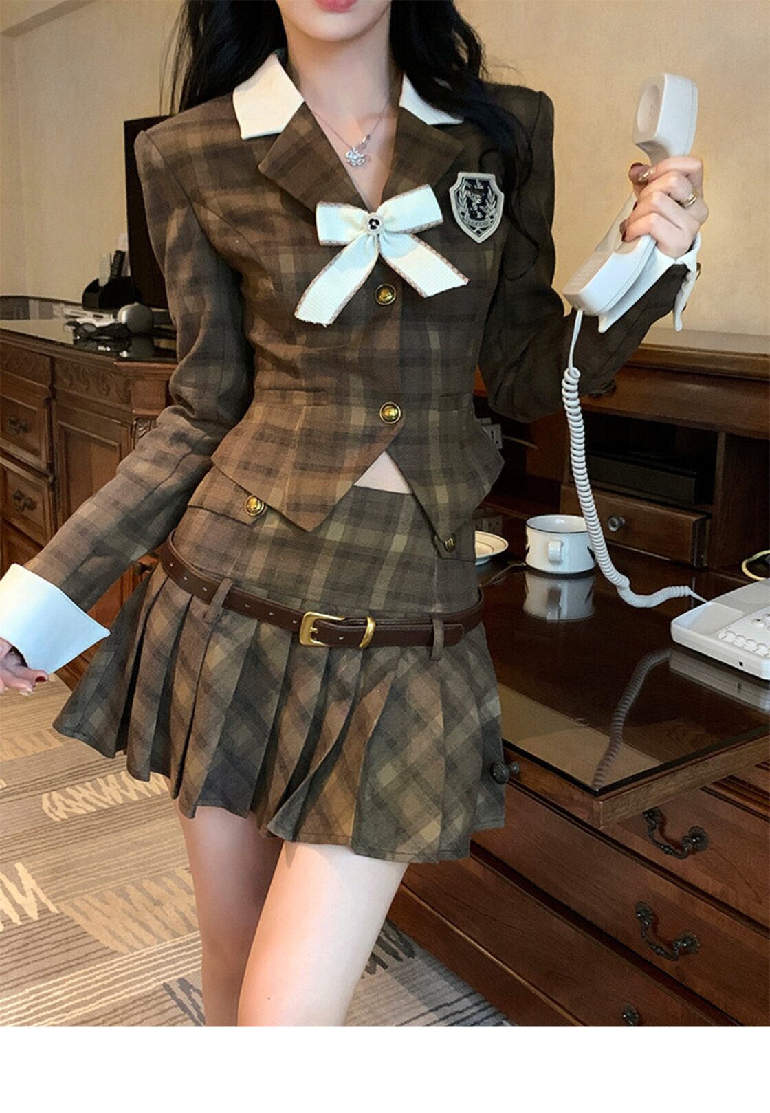春秋小さ香り学生ツーピースセットジャケットコート + ミニプリーツ 