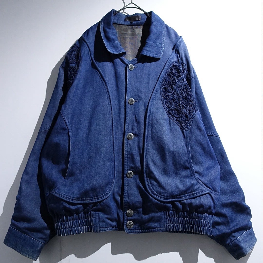 Blue Paisley Embroidery Geometric Lined Design Blouson