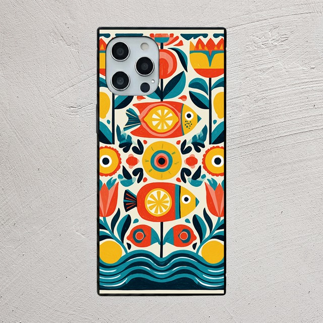 受注生産 iPhoneケース 太陽と波のカラフル民芸柄｜フォークアート PSYF047B
