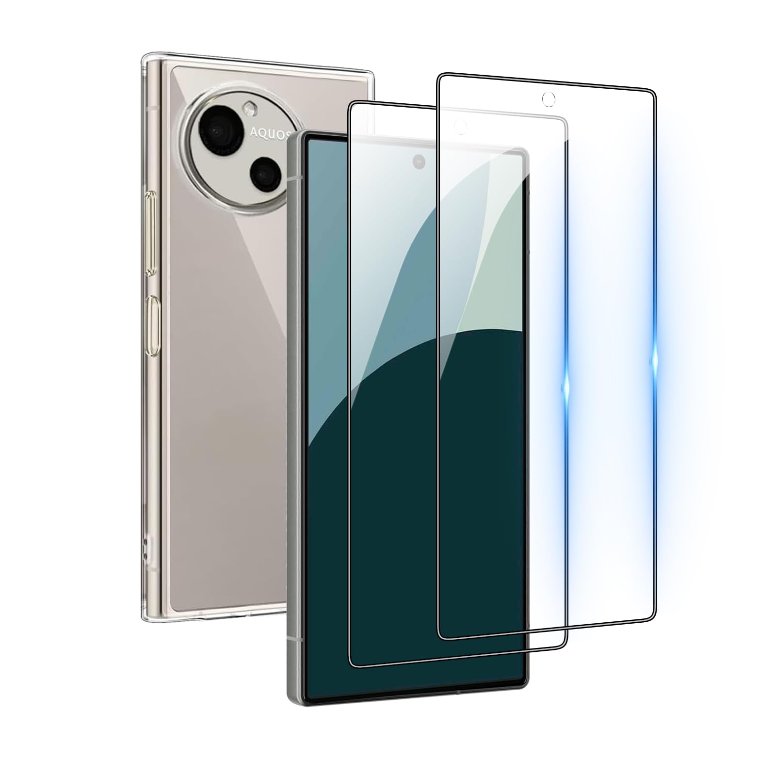 対応 Aquos R9 用の 2個強化ガラスフィルム+1個TPU シリコン ケース 保護フィルム 透明 TPU ケース 硬度9H 耐衝撃 落下防止 指紋防止 気泡ゼロ 貼り付け簡単 フィルム 黄変防止 耐水性