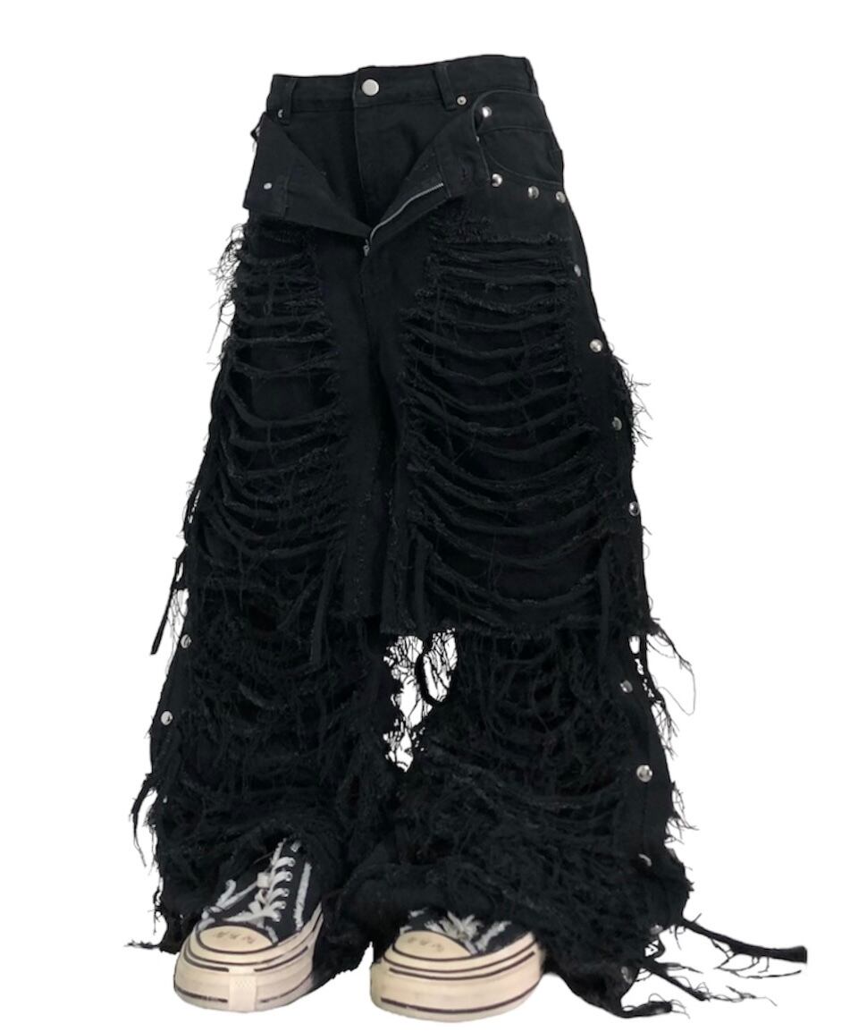 half docking damage black denim pants | mmoption