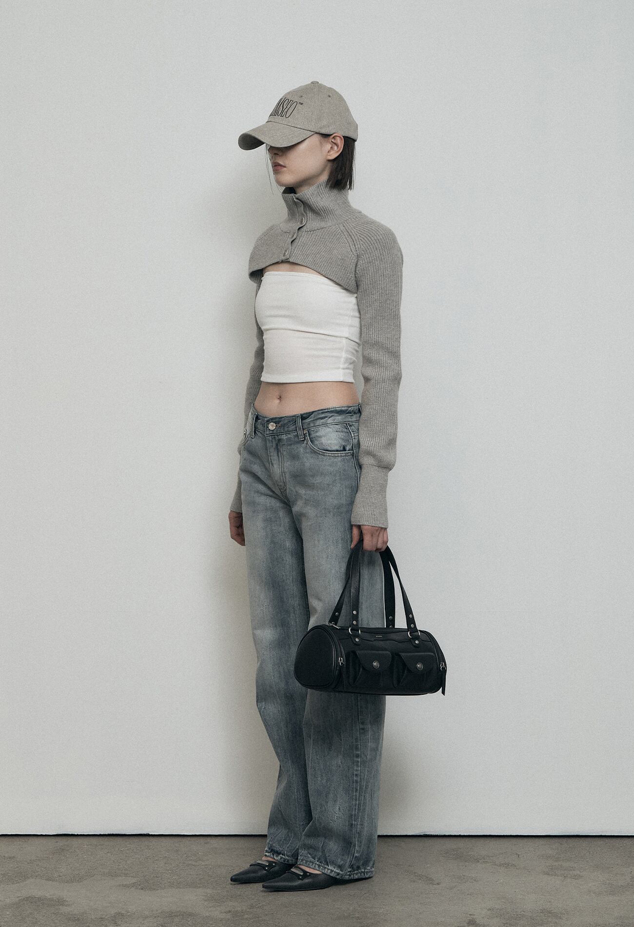 BOHEMIAN SEOUL] HIGH NECK KNIT BOLERO CARDIGAN, WARM GRAY 正規品