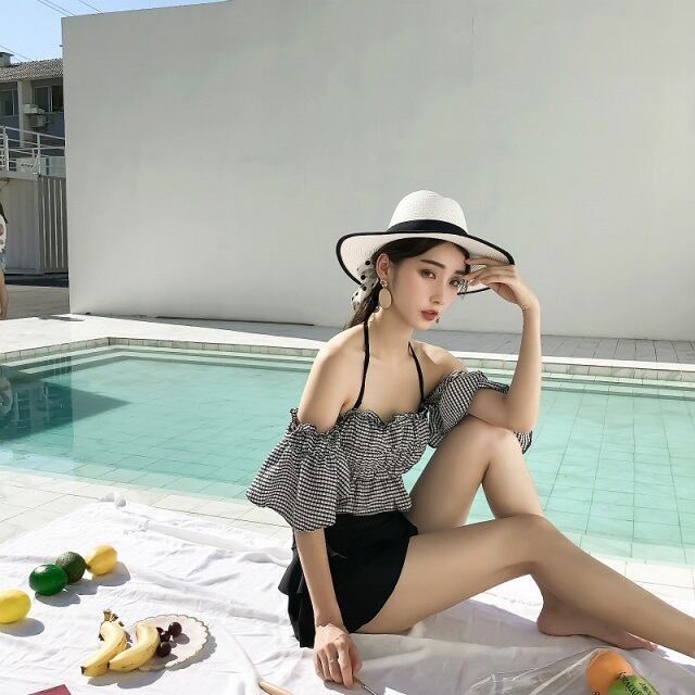 ビキニ水着 オフショルダー ギンガムチェック 袖フレア 水着2点