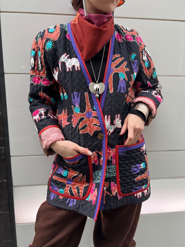 Jeanne Marc black × animal people cotton jacket ( ジェーン マーク ブラック × アニマル 人物柄 コットン ジャケット )