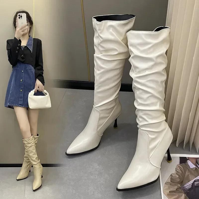 女性用ニーハイロングブーツ、先のとがったつま先、パンプス、女性用ヒール、モダン、ウエスタン、女性、ファッション、秋、2023