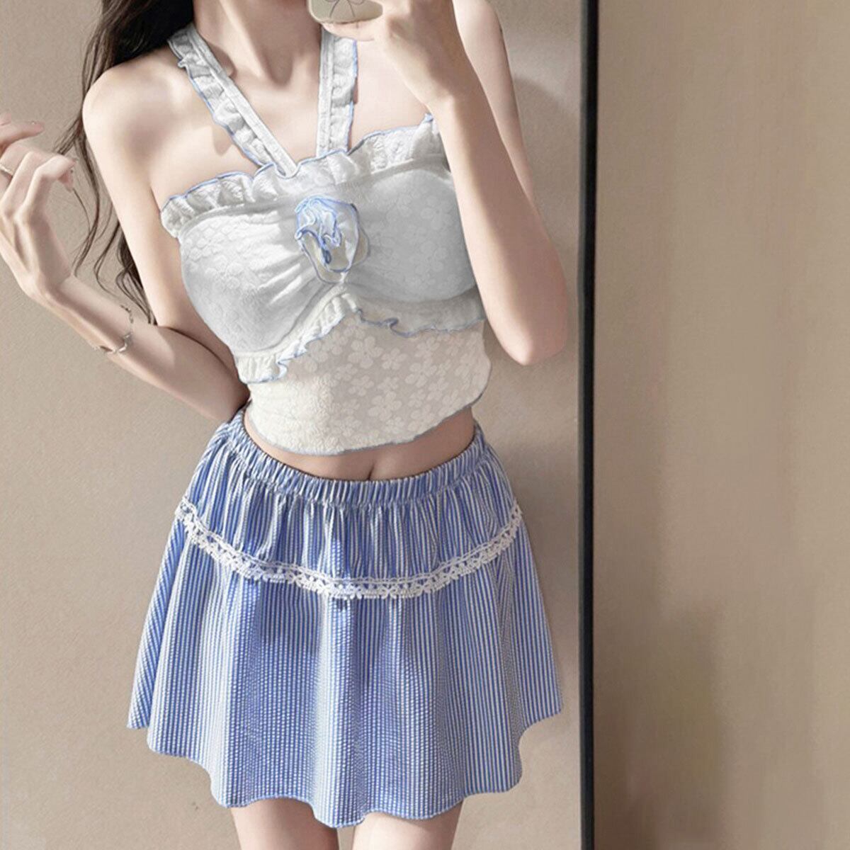 スカート付き 水着 ビキニ 3点セット レディース 夏 韓国 ホルターネック ビーチ 海水浴 プール レジャー 大人 かわいい きれいめ ビーチウェア 露出控えめ フラワー フリル フェミニン 大人可愛い 大人女子