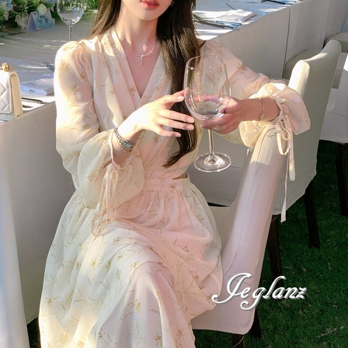 ロング丈 ワンピース ドレス カシュクール カットアウト 肌見せ 7分袖 ♪ (M3391)α