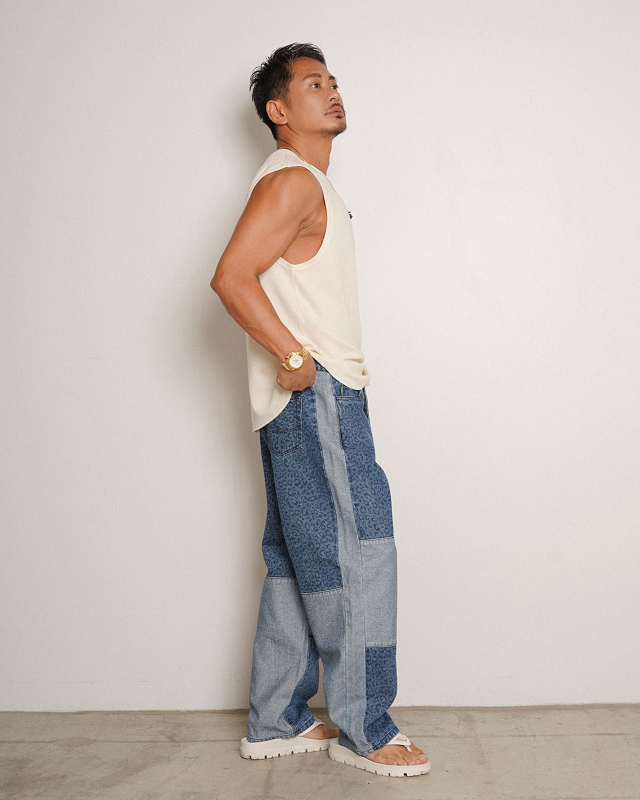 【#Re:room】LEOPARD PANELED WIDE DENIM PANTS［REP323］