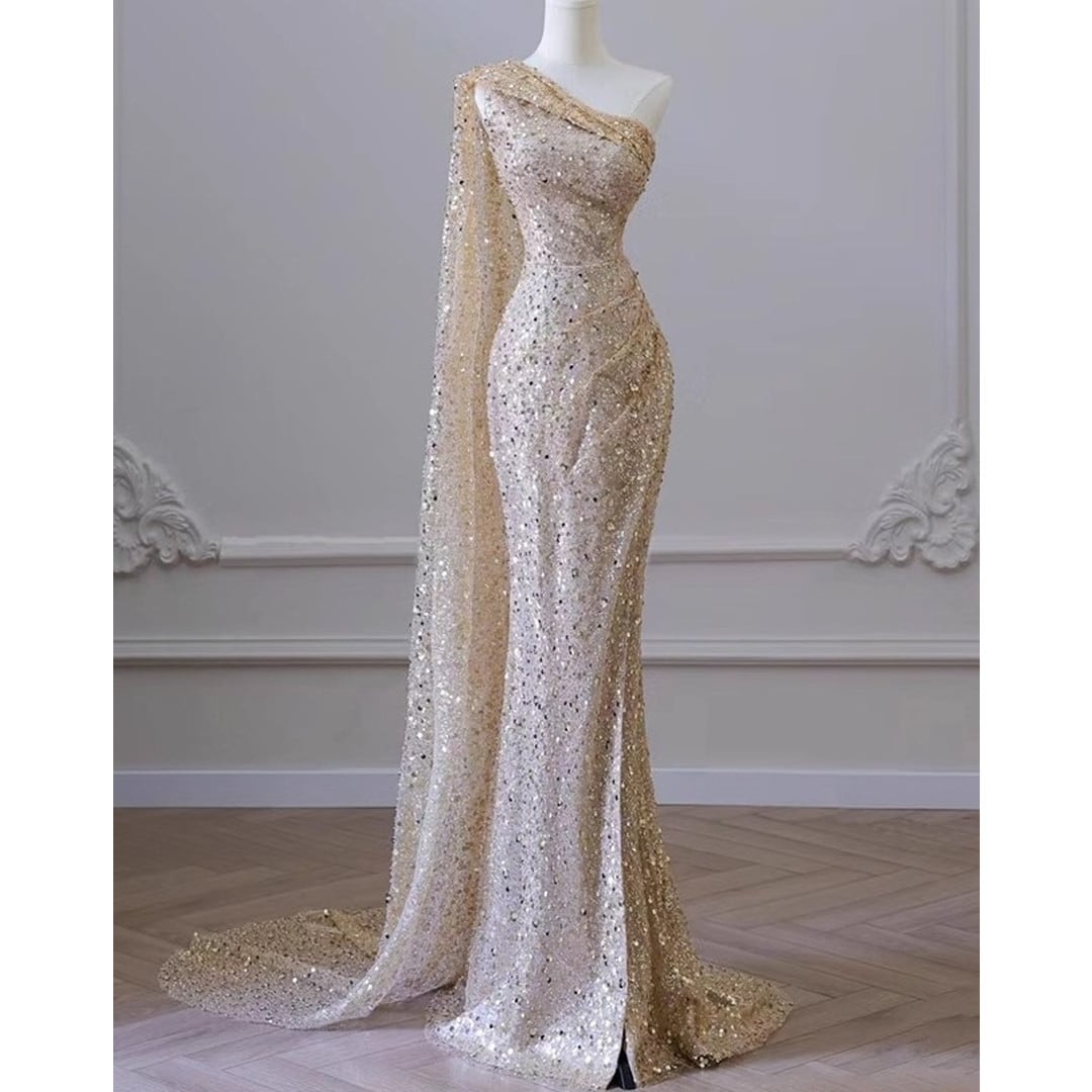 One-shoulder slit maxi dress V3054