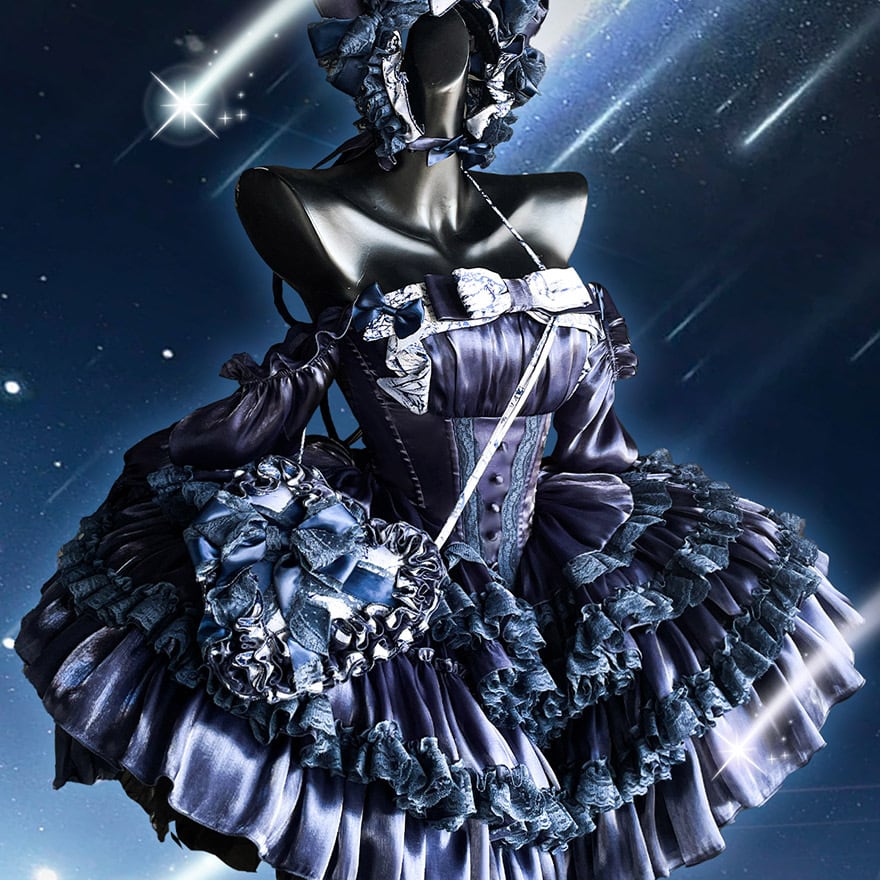 ゴスロリ ロリータ 星空フリル多段ミニドレス豪華セット姫系コルセット