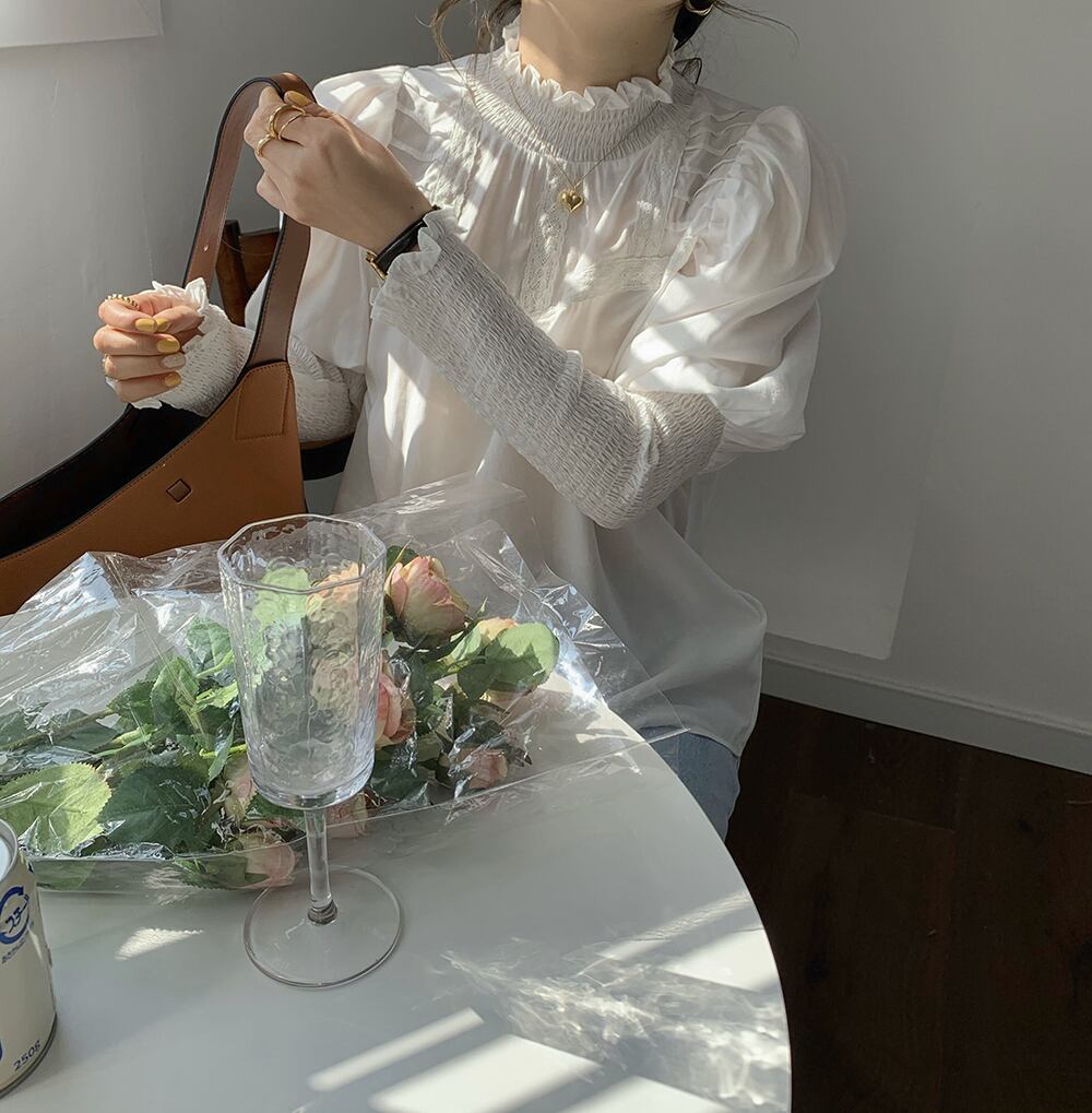 スプリングレースカラーブラウス プリーツシャツ トップス レディース ロング 春物 ビッグFスモールZ韓国43117655335